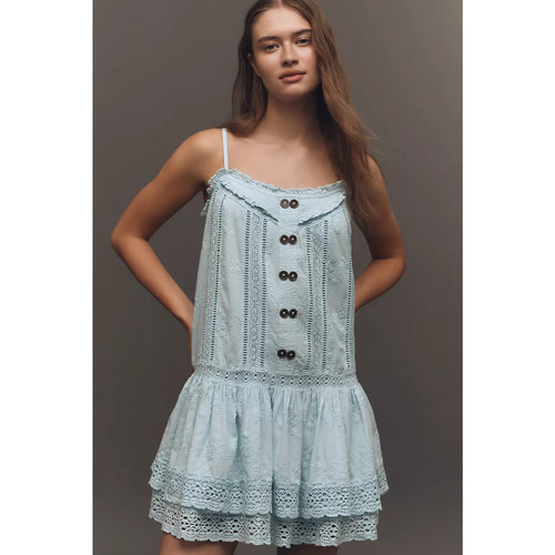 Blue sleeveless square-neck mini dress with lace trim and button front