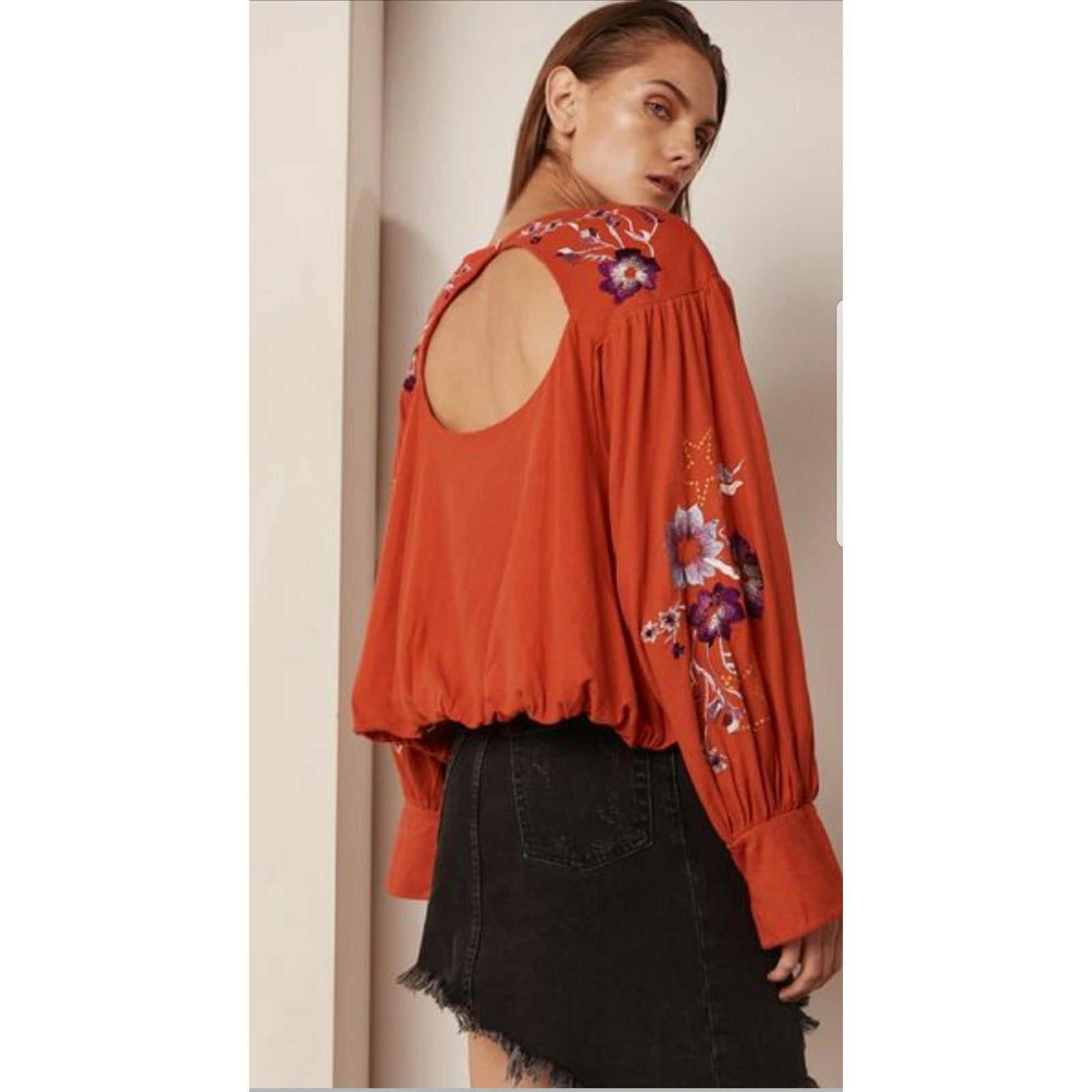 NEW Free People $128 Red Lita Floral Embroidered Bell Long Sleeve Top Sz S Boho