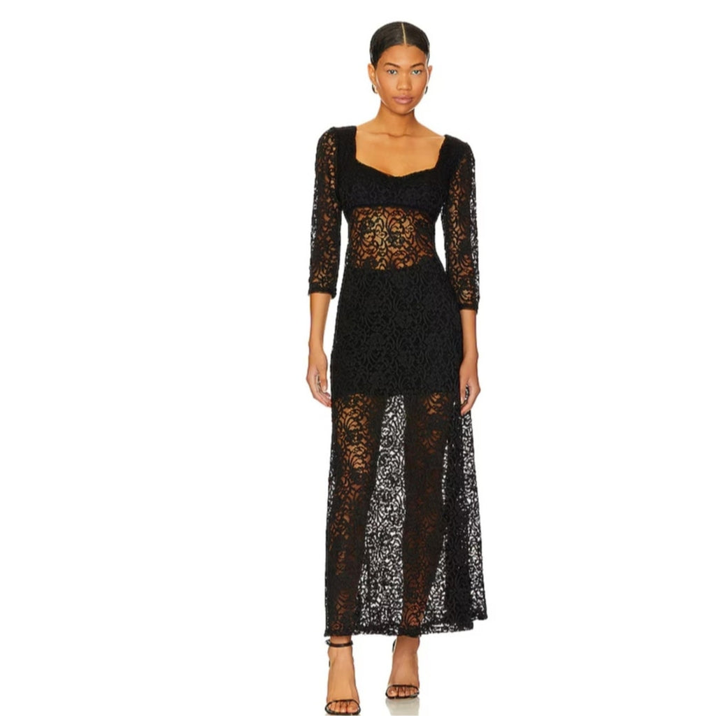 New FREE PEOPLE Adored Maxi Dress LACE $198 MEDIUM Black Sheer Lace Semi Lined