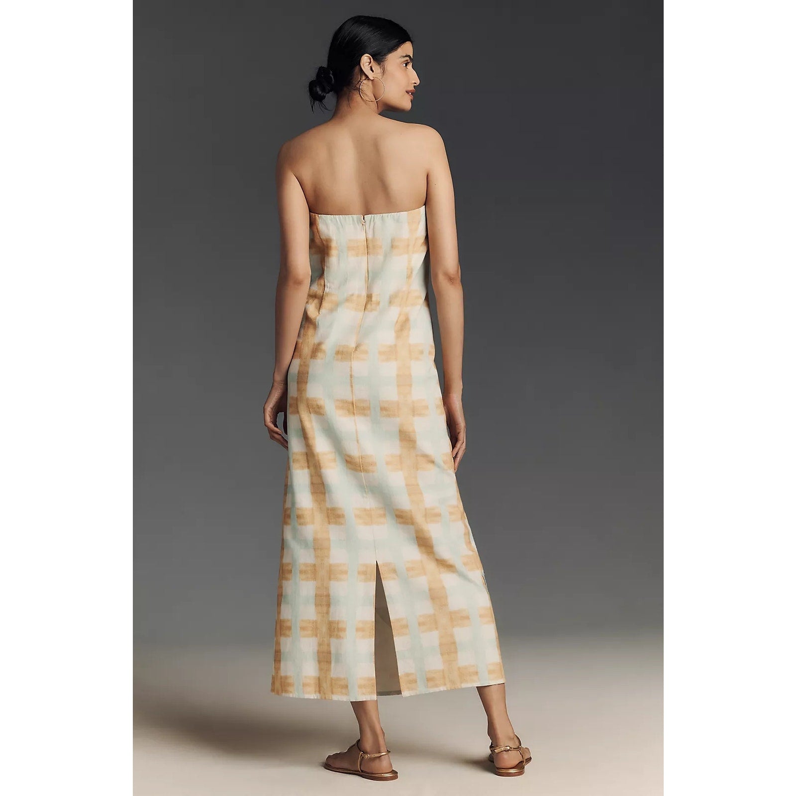 Anthropologie Strapless Cotton Linen Dress LARGE Blue/Yellow Applique Anthropologie