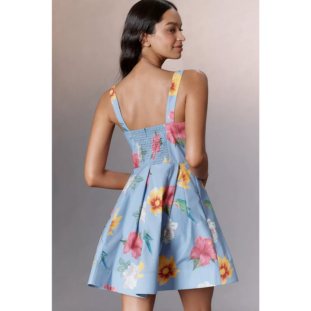 Anthropologie Maeve Scoop-Neck Printed Cotton Mini Dress MEDIUM Blue Anthropologie