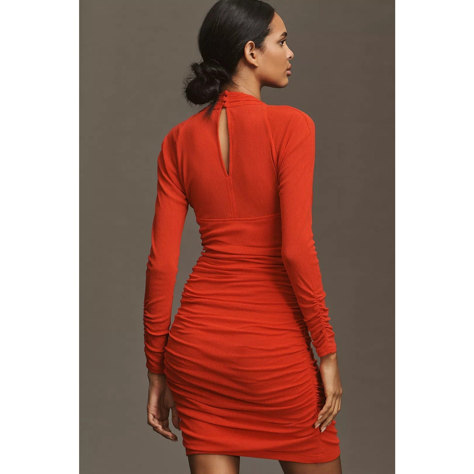 Anthropologie V-Neck Ruched Mesh Midi Dress SMALL Red Fitted Mini Anthropologie
