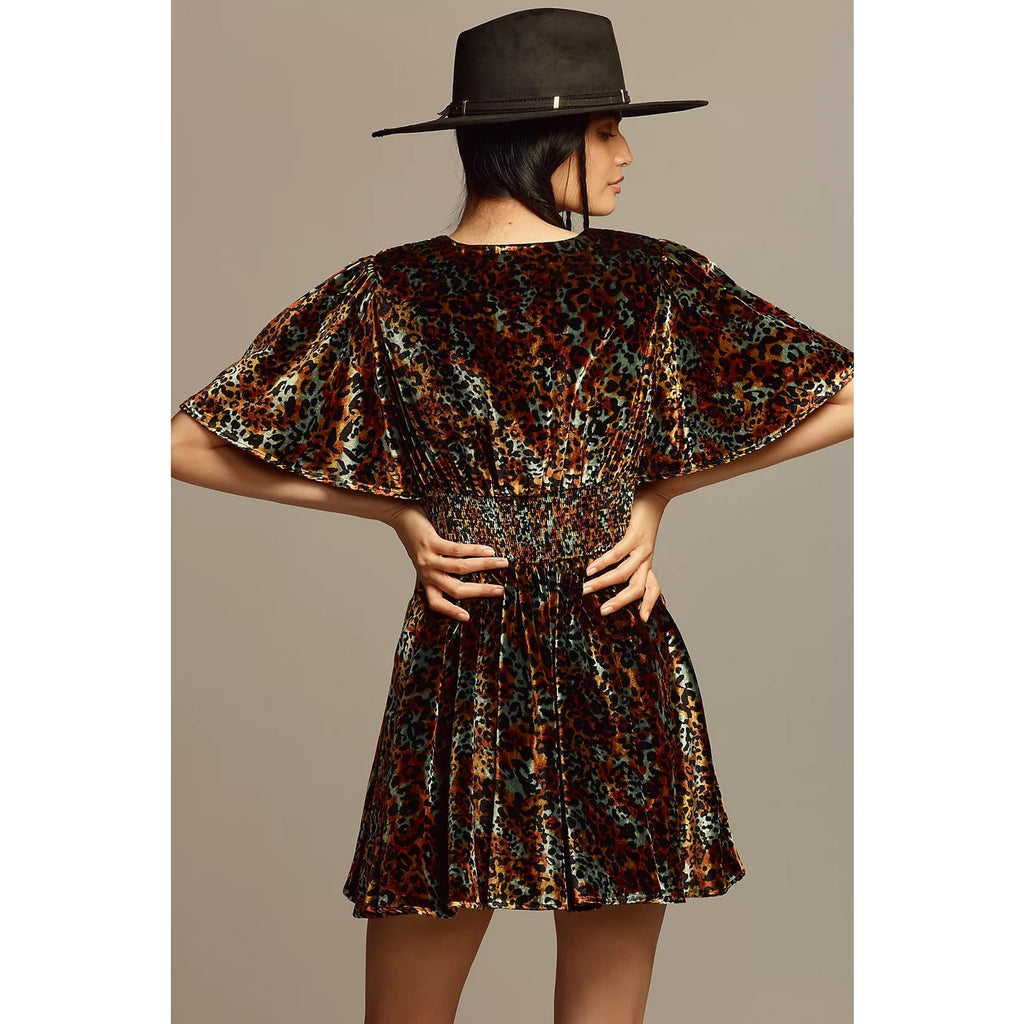 New By Anthropologie Short-Sleeve Velvet Mini Dress  $188 Medium Brown