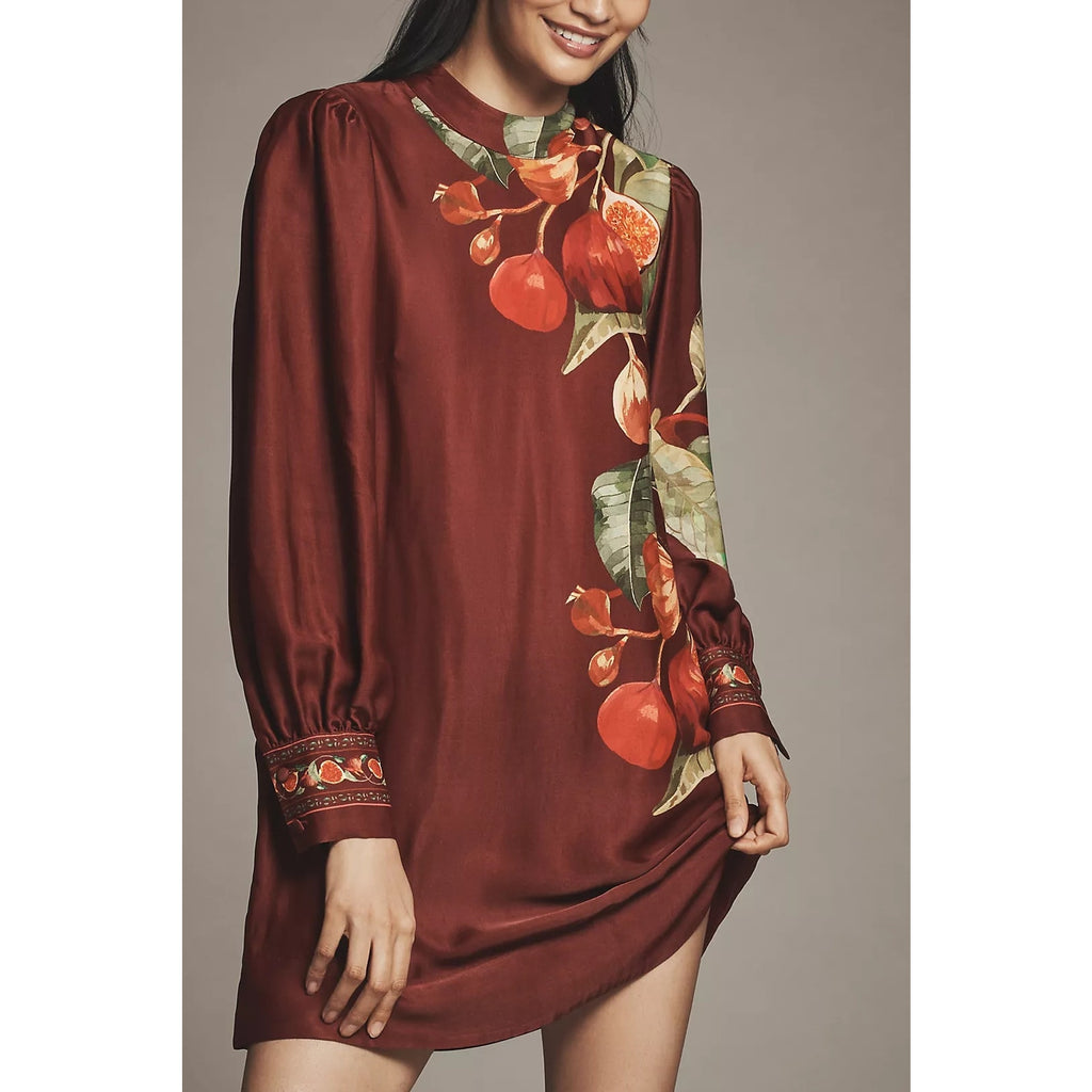 New Farm Rio x Anthropologie Printed Mini Dress $228 X-SMALL Wine LONG-SLEEVE