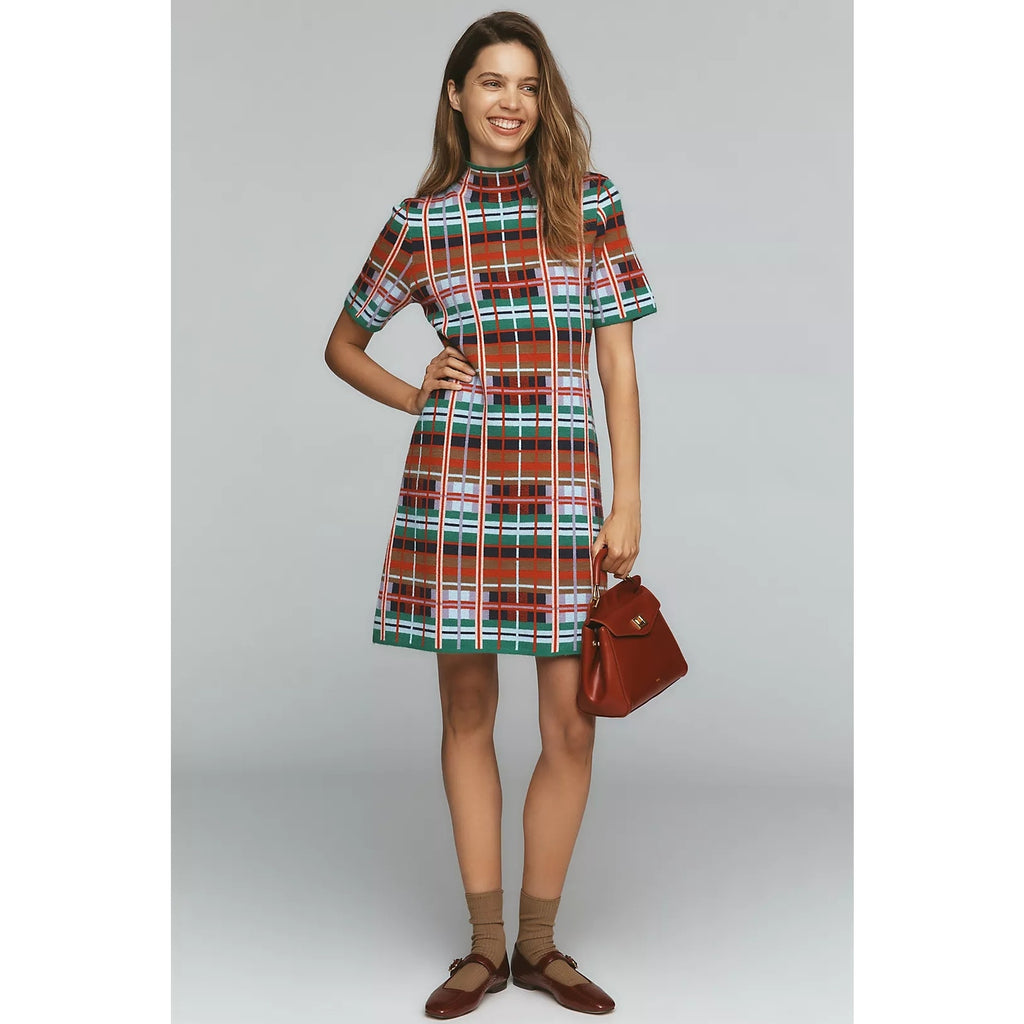 New By Anthropologie Mock-Neck Short-Sleeve Mini Shift Dress X-LARGE Multi Plaid Anthropologie