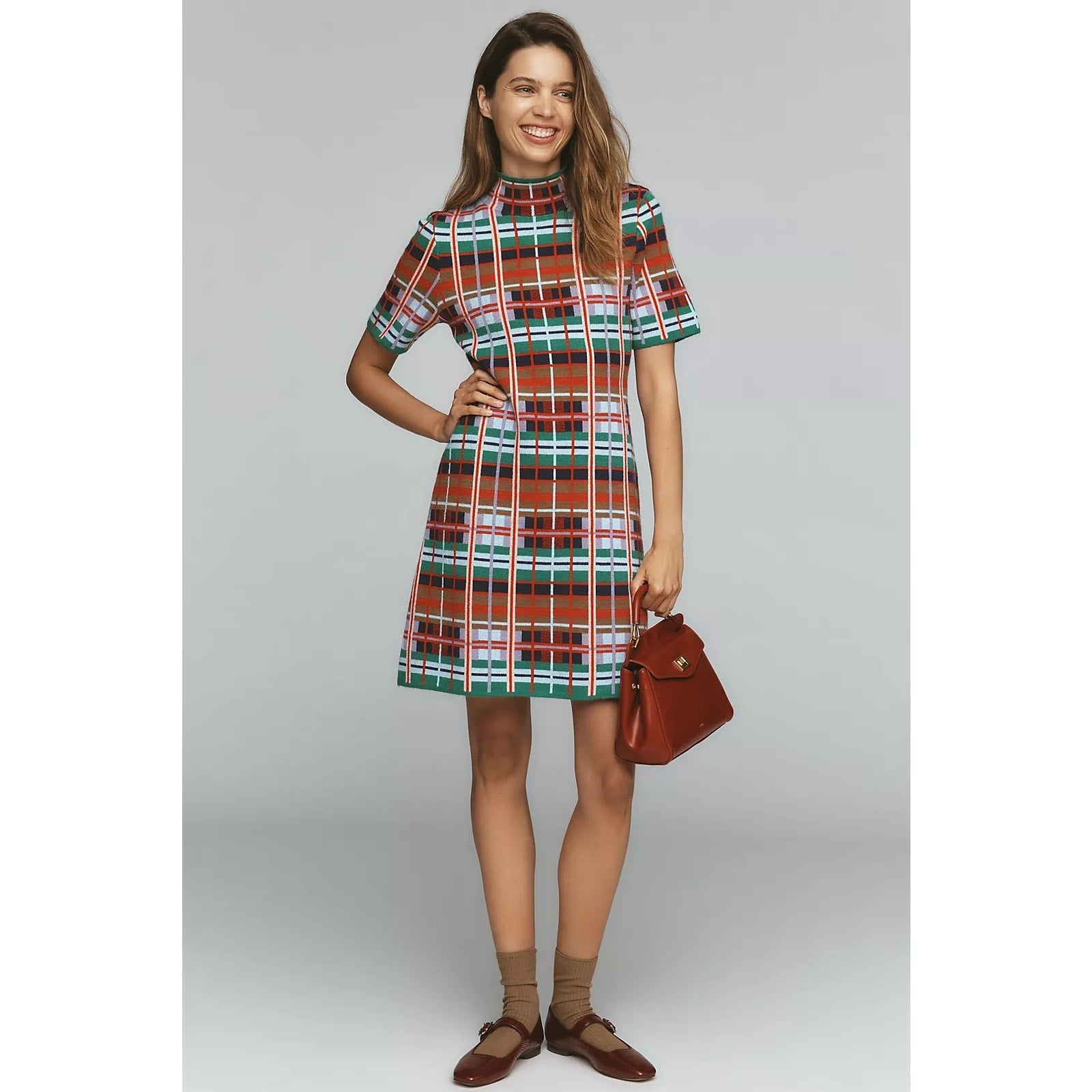 New By Anthropologie Mock-Neck Short-Sleeve Mini Shift Dress X-LARGE Multi Plaid Anthropologie