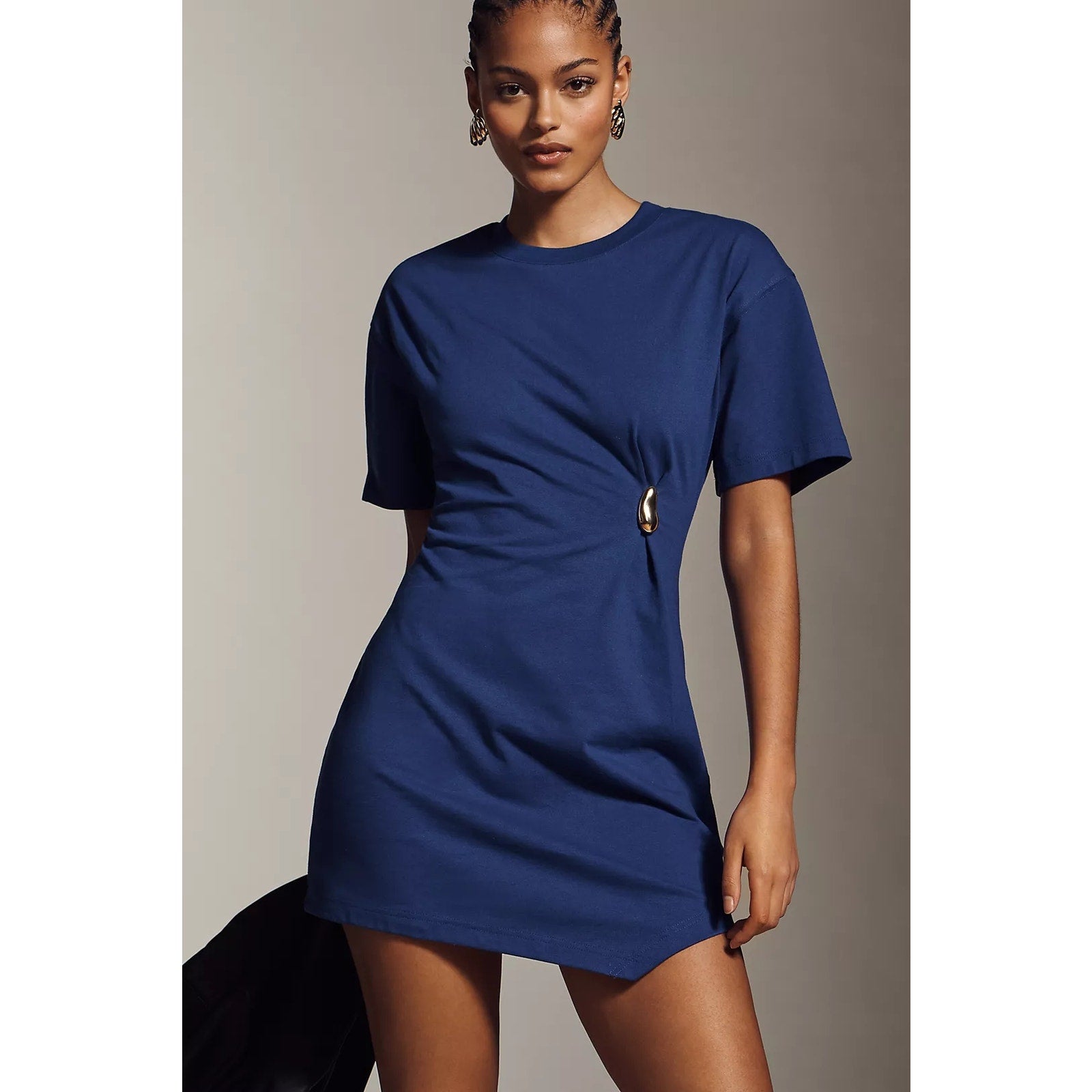 By Anthropologie Gathered Mini Dress SMALL Blue CREWNECK T-SHIRT DRESS Anthropologie
