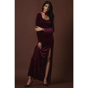 New BHLDN Bella Long-Sleeve Scoop-Neck Side-Slit Stretch Velvet Maxi Dress $248