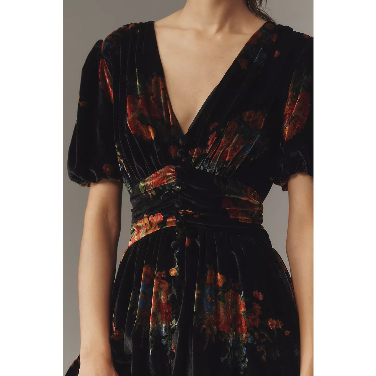 Black velvet V-neck button-front midi dress with puff sleeves and abstract print