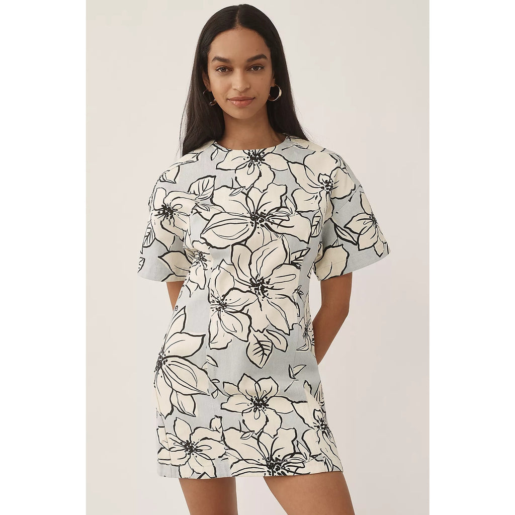 Anthropologie Dhruv Kapoor Short-Sleeve Denim Mini Dress $168 SMALL Floral