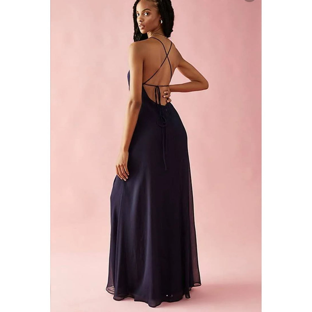 New Free People Simone Maxi Dress $250 SIZE 0 Navy V-neck Adjustable Lace-up