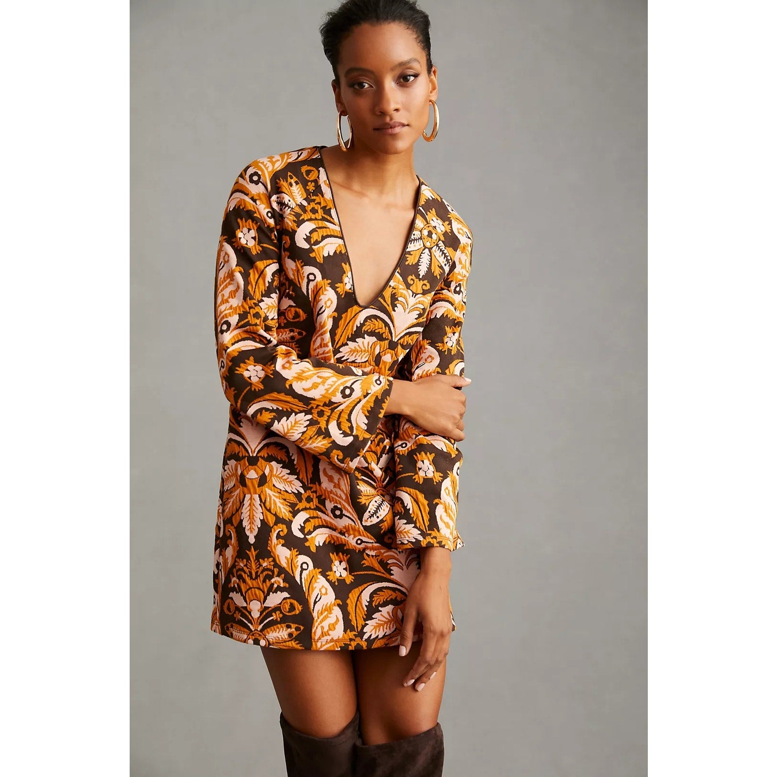 Anthropologie Maeve Bell-Sleeve Mini Dress $160 SMALL Brown