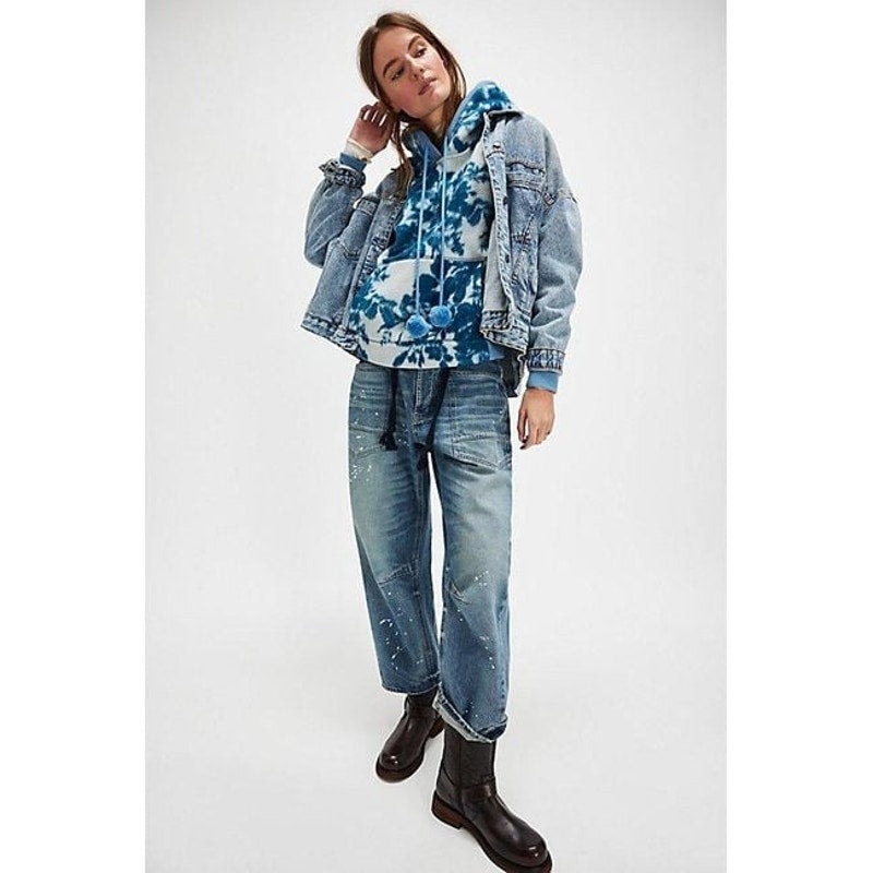 New FREE PEOPLE With Love Sweatshirt $128 X-SMALL Blue HOODED FLEECE