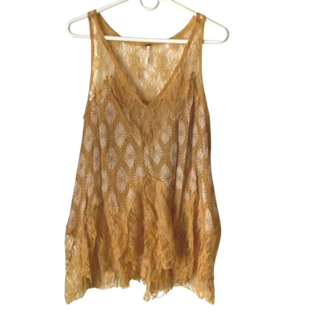 Free People Bell Trapeze Lace Cami MEDIUM Mustard Yellow Geo Bohemian Free People