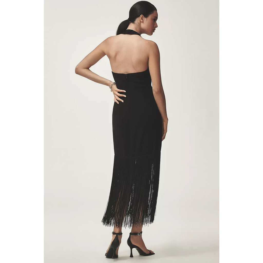 Anthropologie Hutch Plunge Halter Fringe Knit Midi Dress $248 XS Black