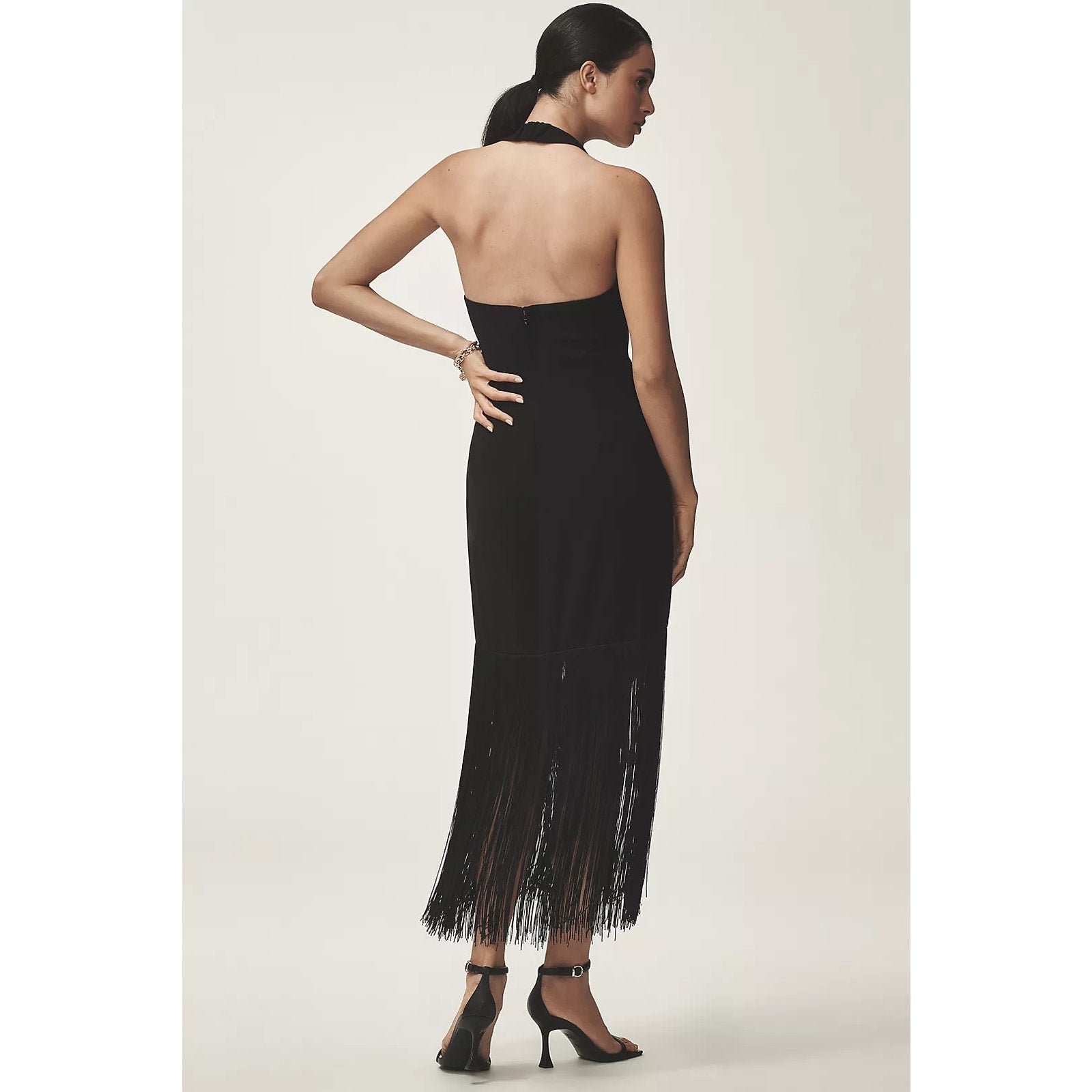Anthropologie Hutch Plunge Halter Fringe Knit Midi Dress $248 XS Black