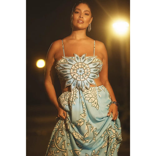 Light blue cutout maxi dress with embroidered floral bust panel and spaghetti straps