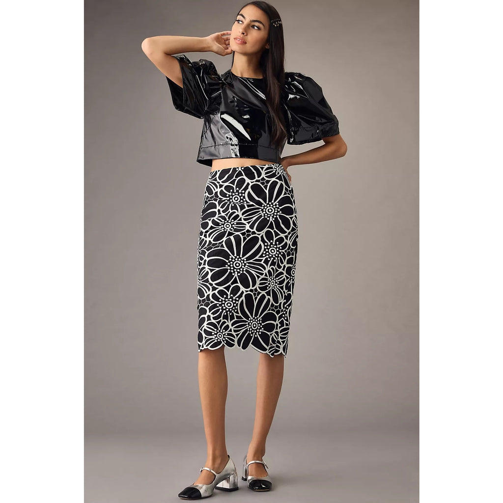 Anthropologie Maeve Floral Cutwork Midi Skirt