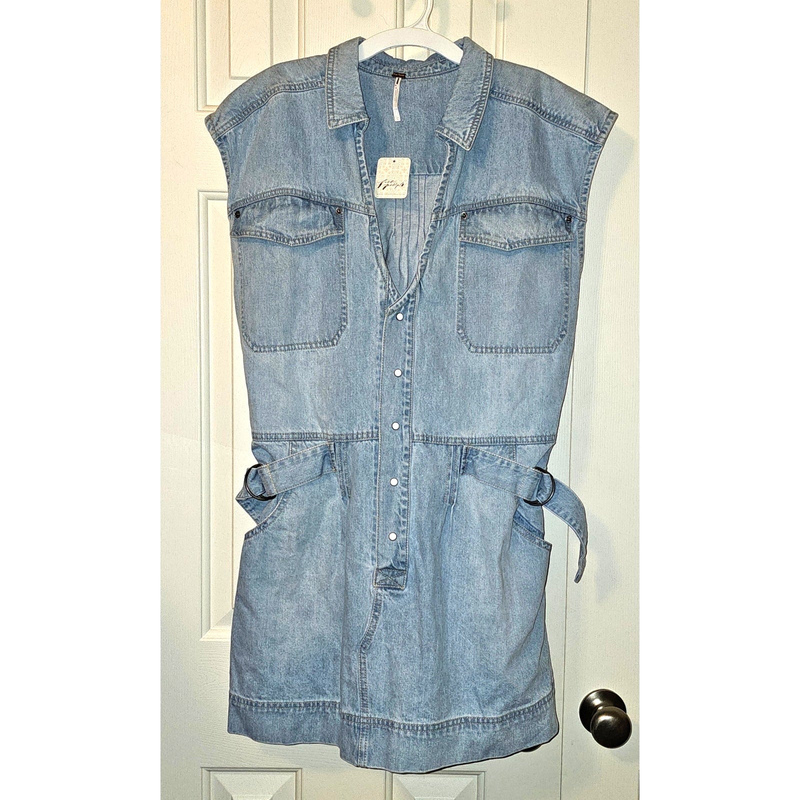 New FREE PEOPLE Rowley Denim Mini Dress $168 LARGE Sunbleached Blue