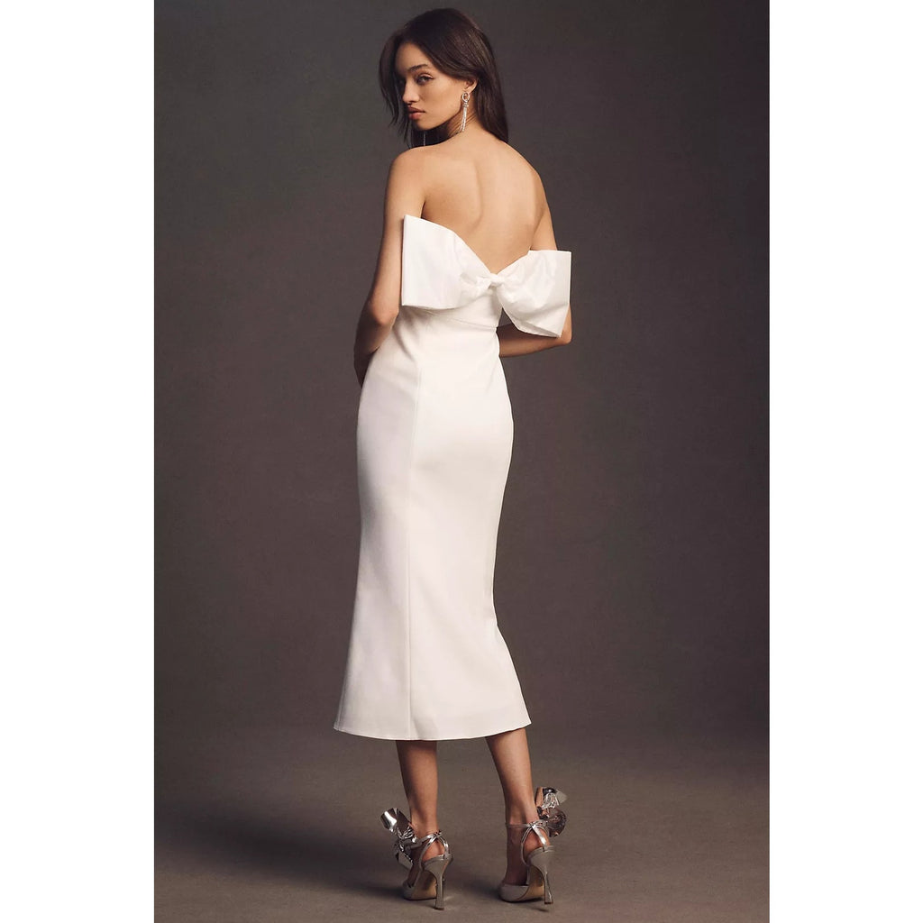 Anthropologie BHLDN Suzanne Stretch Crepe Back-Bow Midi Dress MEDIUM White BHLDN