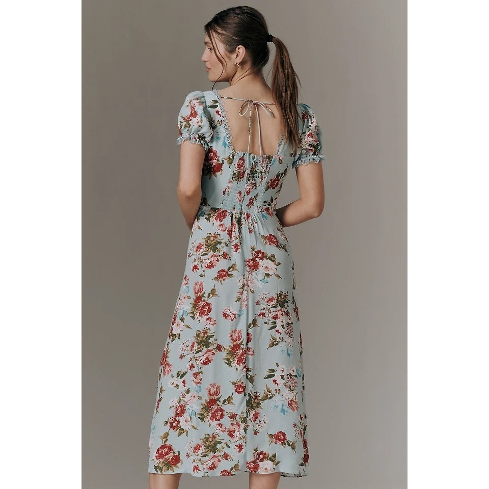By Anthropologie Printed Midi Dress SMALL Light Blue Floral Anthropologie