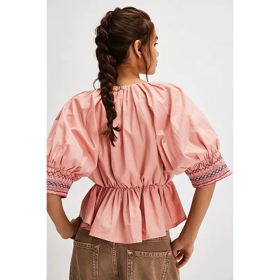 New Free People Where We Meet Smocked Blouse $128 MEDIUM Rose Blush Pink Cropped