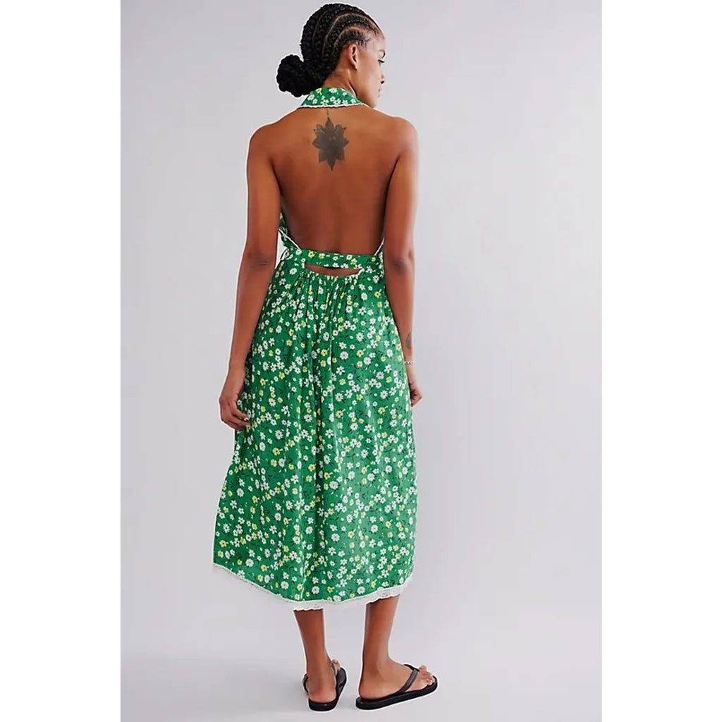 FREE PEOPLE Slice Of Life Halter Midi Dress SMALL Green Floral Boho Free People