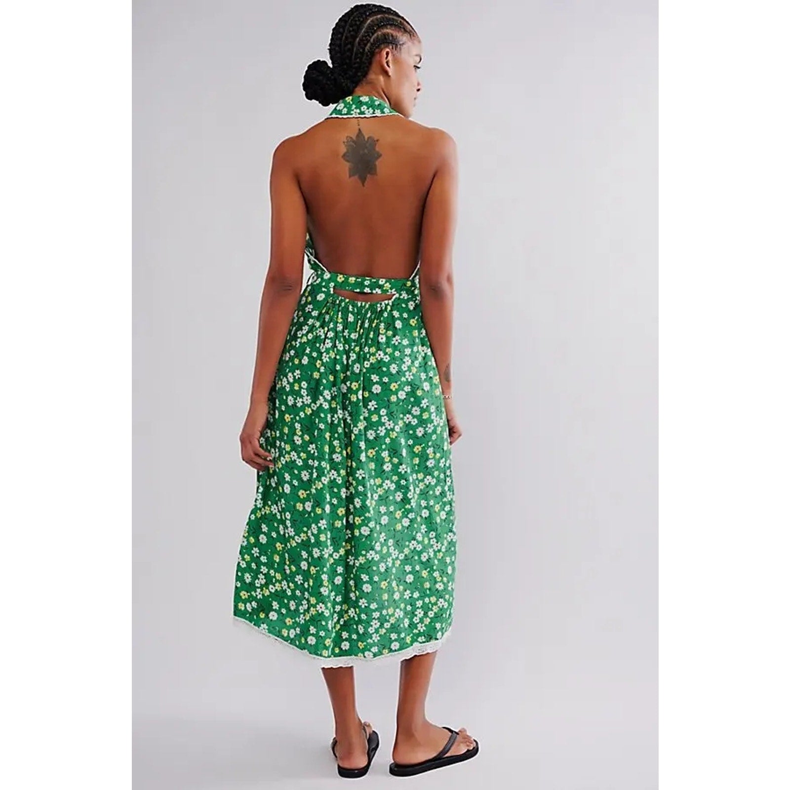FREE PEOPLE Slice Of Life Halter Midi Dress SMALL Green Floral Boho Free People