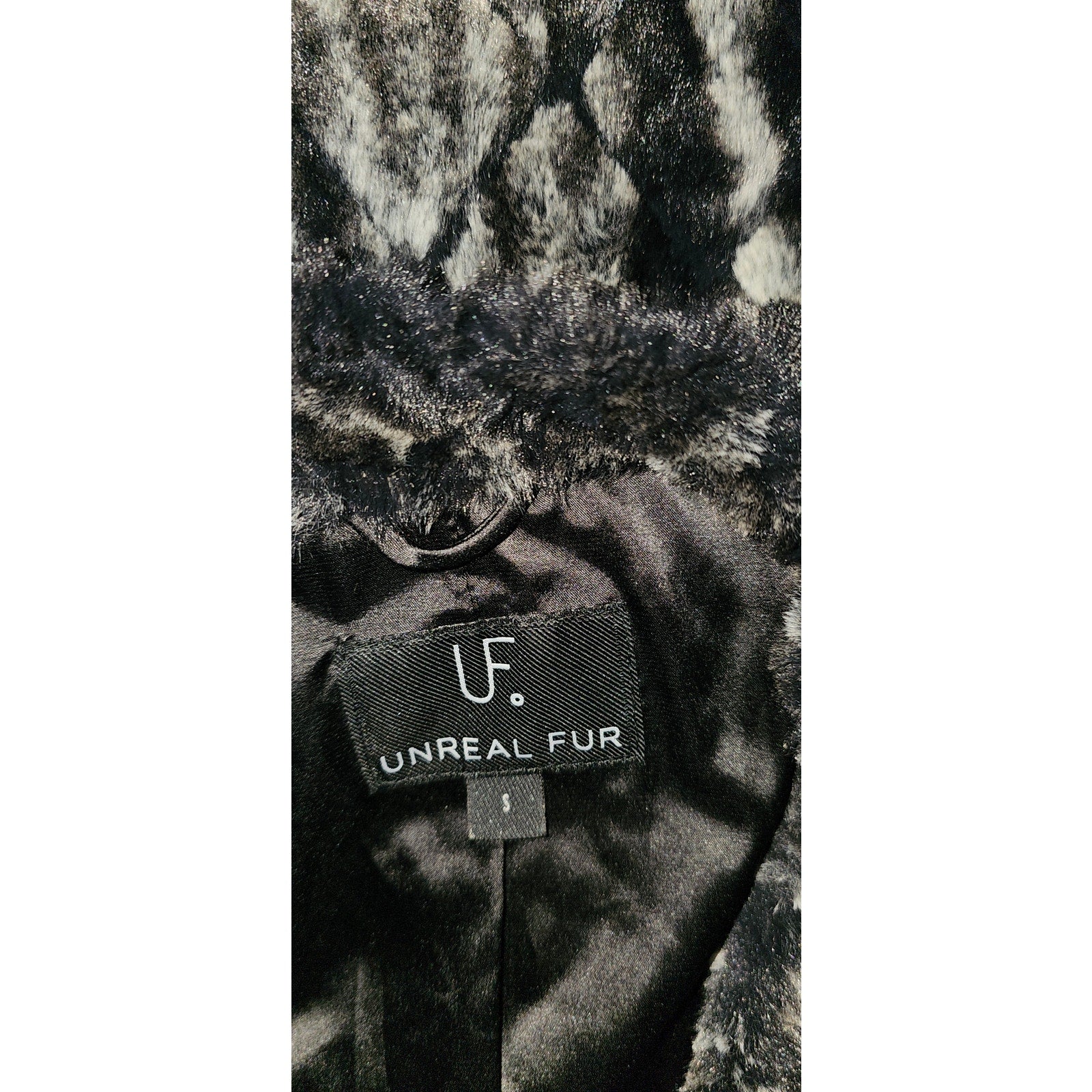 New Anthropologie Unreal Fur Faux Fur Coat SMALL Black & Gray COLLARLESS