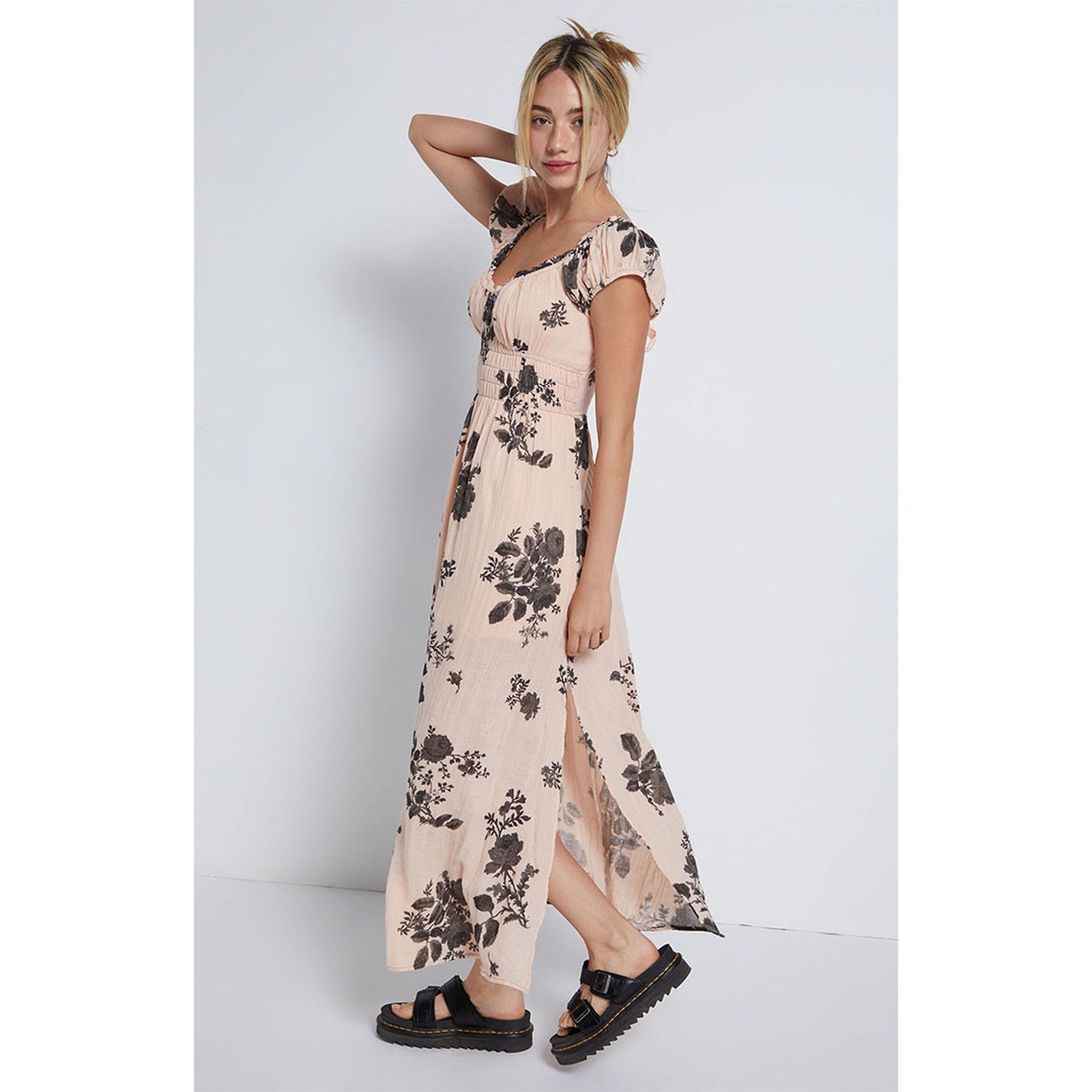 New Free People Forget Me Not Boho Floral Smocked Midi Dress $128 Small Peach
