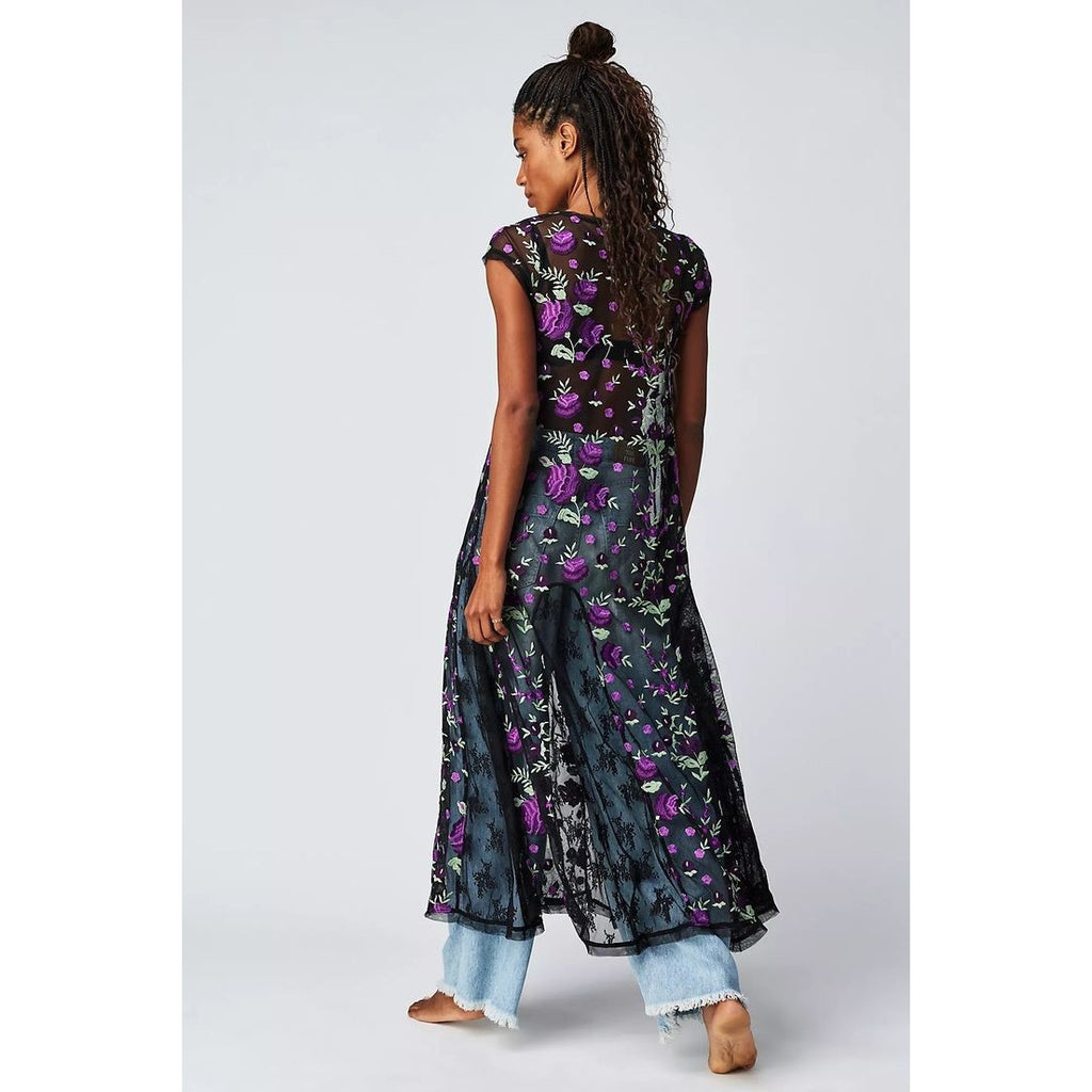New Free People Sky Bright Floral Midi Dress $228 SMALL Black/Purple Sheer Mesh