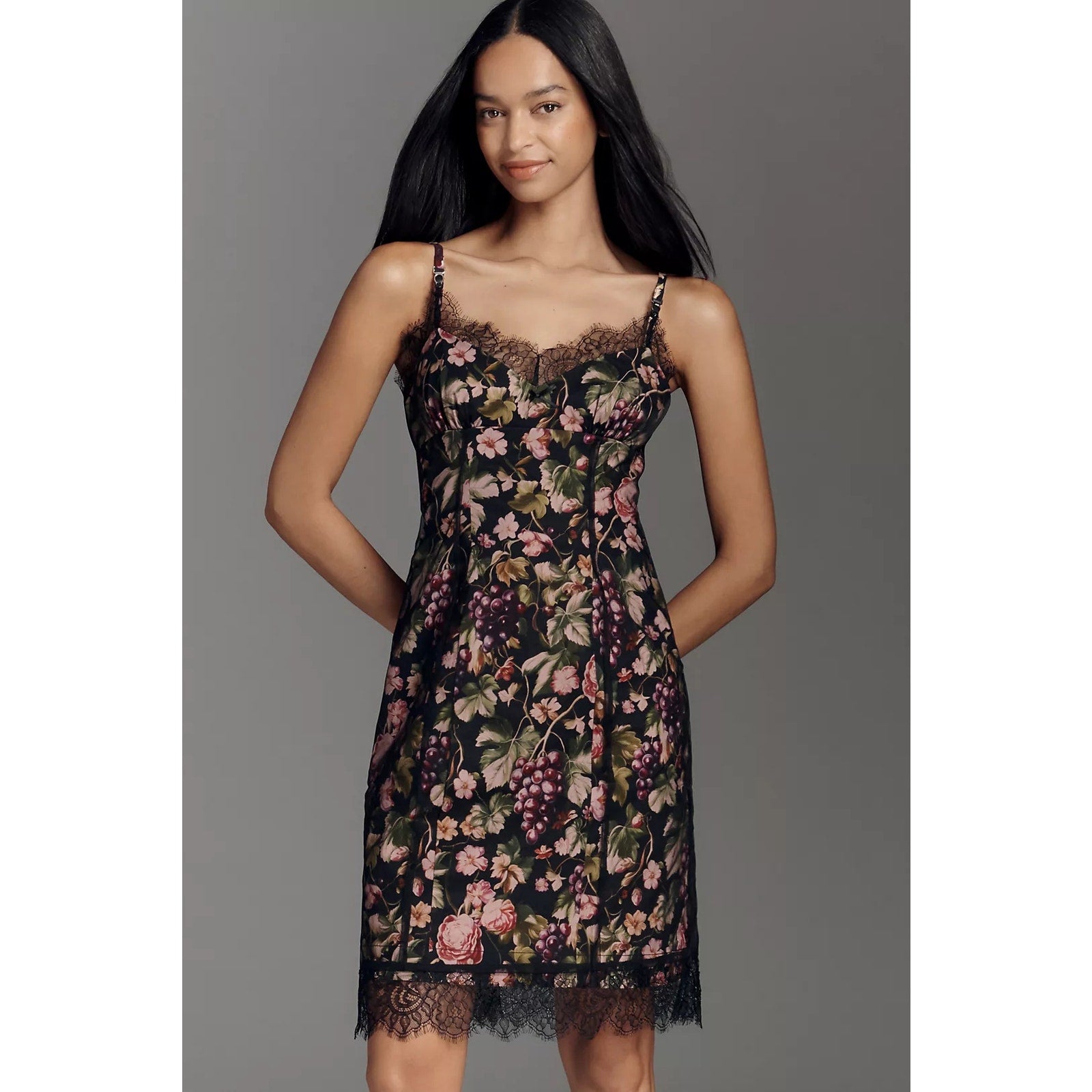 Anthropologie Maeve Floral Fruit Mesh Slip Dress LARGE Black Lace Trim Anthropologie