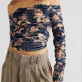 New Free People Reina Top FLORAL VELVET $88 XS Blue Long Sleeve Off The Shoulder