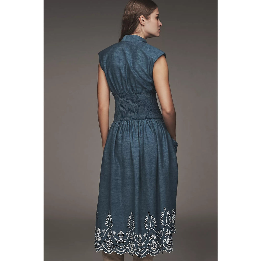 Anthropologie The Tommie Denim Eyelet Trim Midi Dress SMALL BLUE Anthropologie