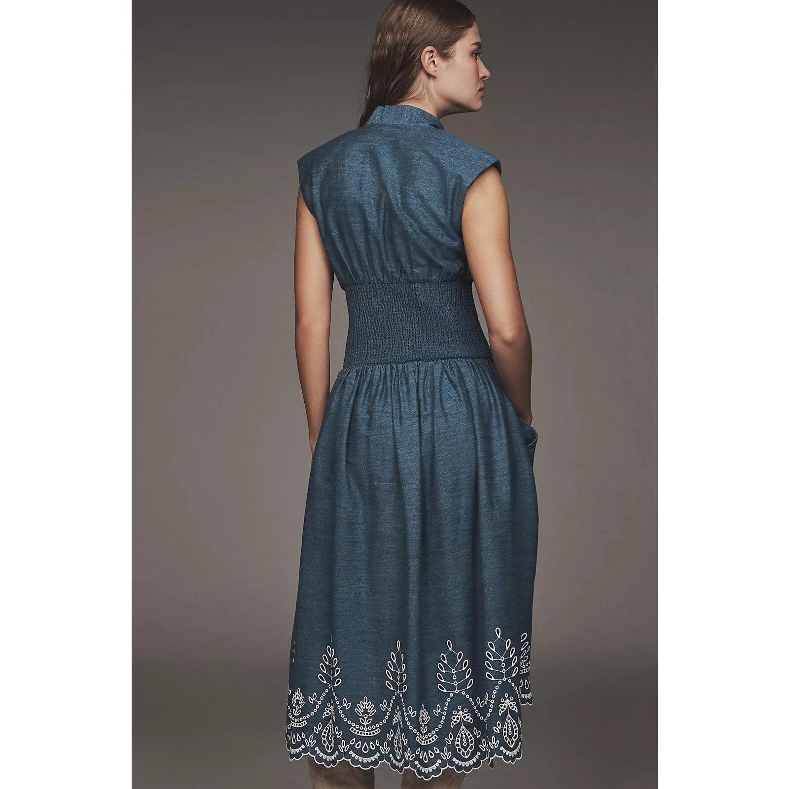 Anthropologie The Tommie Denim Eyelet Trim Midi Dress SMALL BLUE Anthropologie