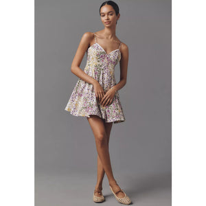 Anthropologie Maeve Lace-Trim Sweetheart Mini Dress XL Yellow Motif