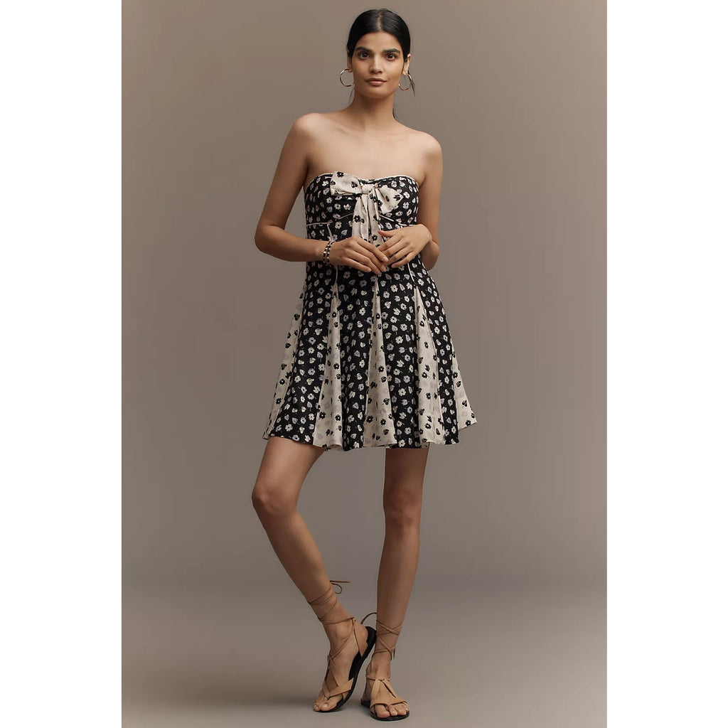 Anthropologie Maeve Strapless Bow-Front Swing Mini Dress MEDIUM B&W Anthropologie