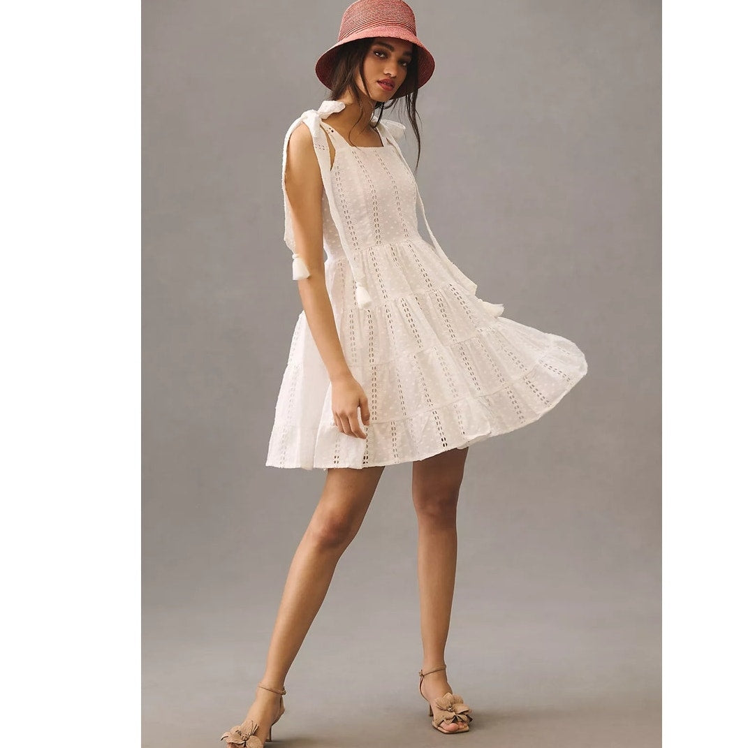 New Anthropologie Mille Shoulder-Tie Mini Dress $278 SMALL Cotton Eyelet Lace