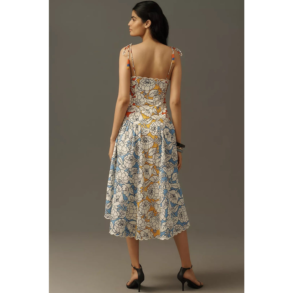 Farm Rio x Anthropologie Basque-Waist Midi Dress SMALL Yellow Motif FARM Rio