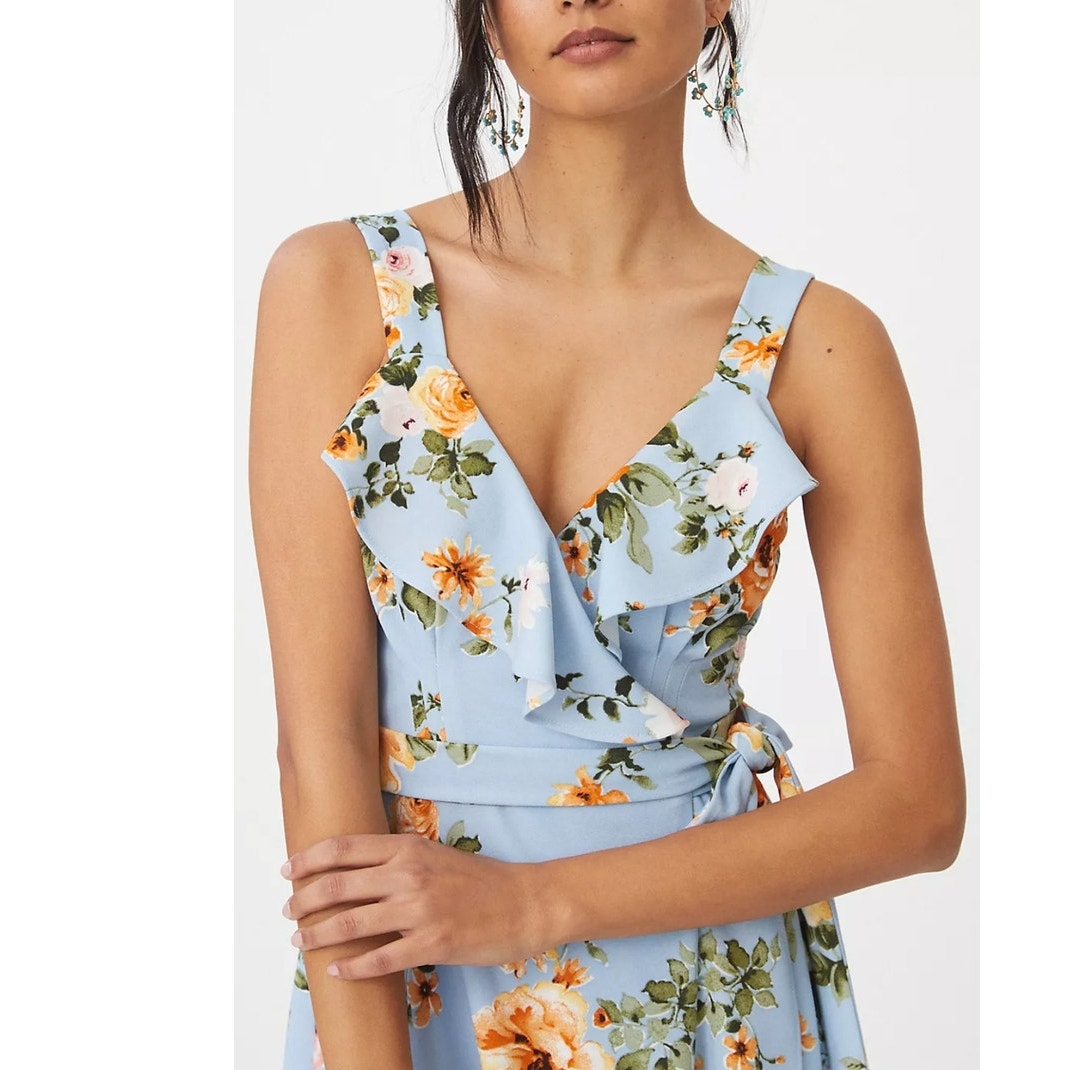 Anthropologie Hutch Eden Wrap Dress $198 XXSP Blue Floral Midi High Low Hem