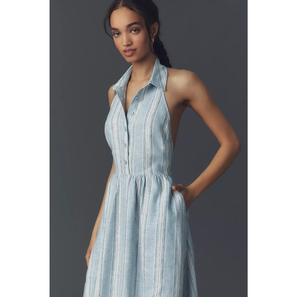 Anthropologie Reformation Tace Linen Midi Shirt Dress $248 SZ 10 Blue Stripe Anthropologie