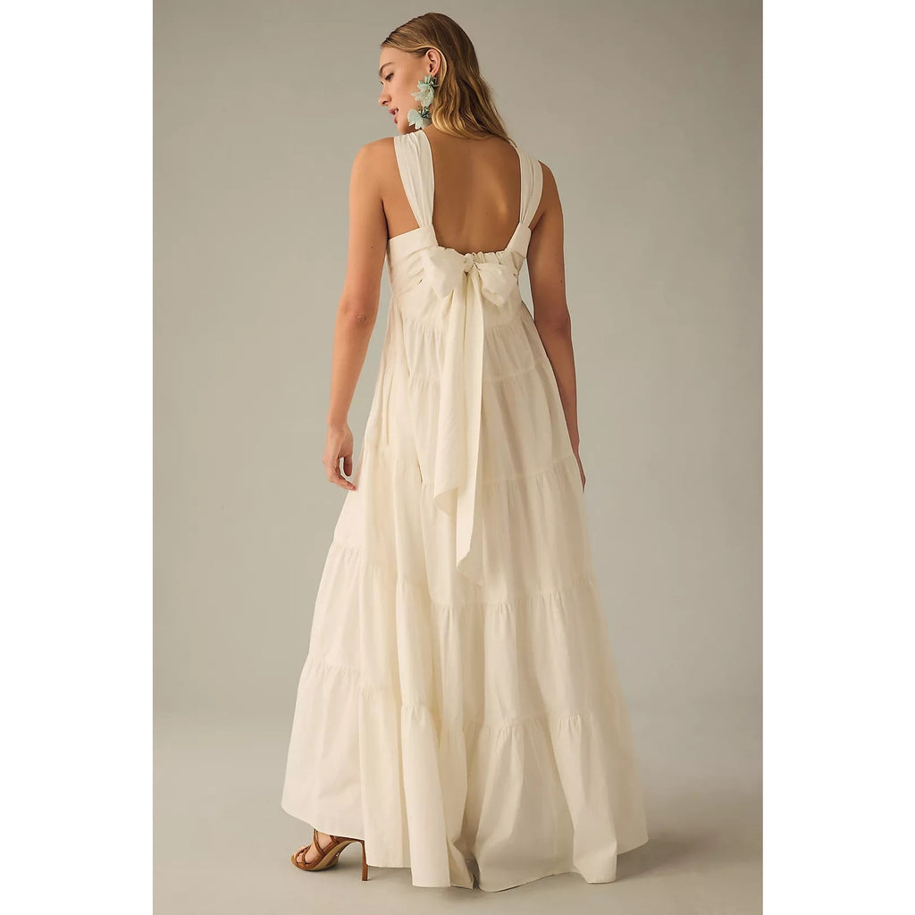 Anthropologie Forever That Girl Tiered Ruched Back Bow Dress SMALL Anthropologie