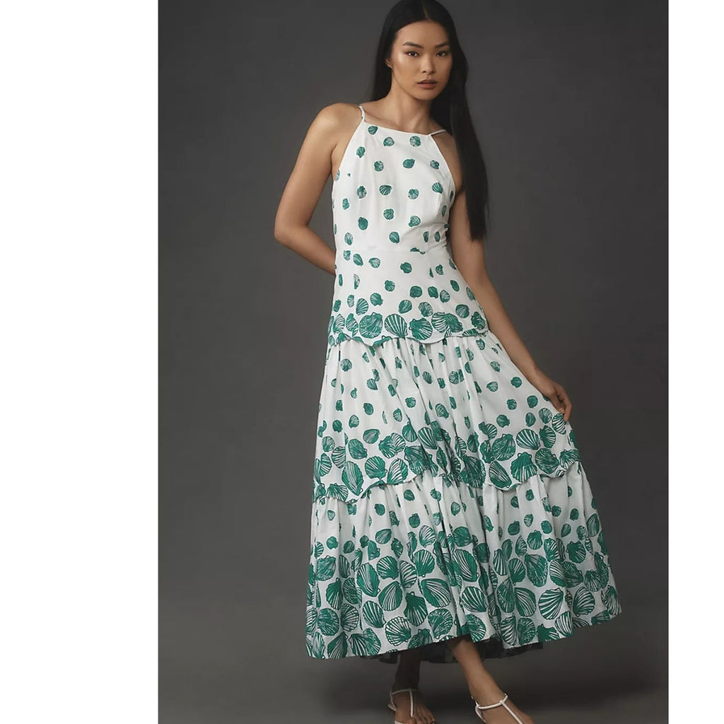Anthropologie Maeve Halter Tiered Maxi Dress $188 PLUS 1X White Green