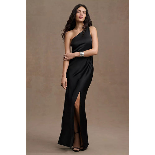 Black one-shoulder satin gown with side slit, floor-length skirt