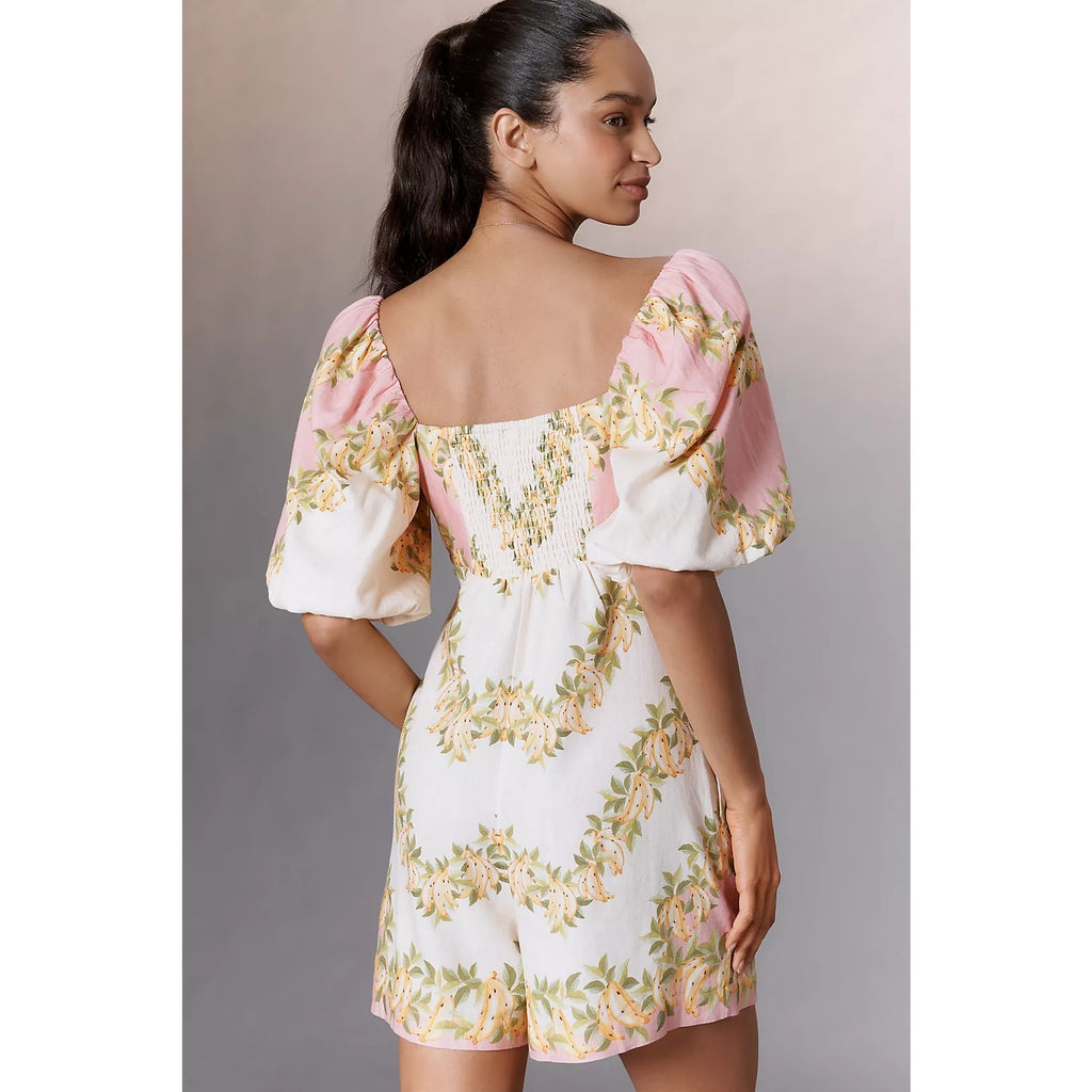 Farm Rio x Anthropologie V-Neck Puff-Sleeve Linen Blend Romper SMALL FARM Rio for Anthropologie