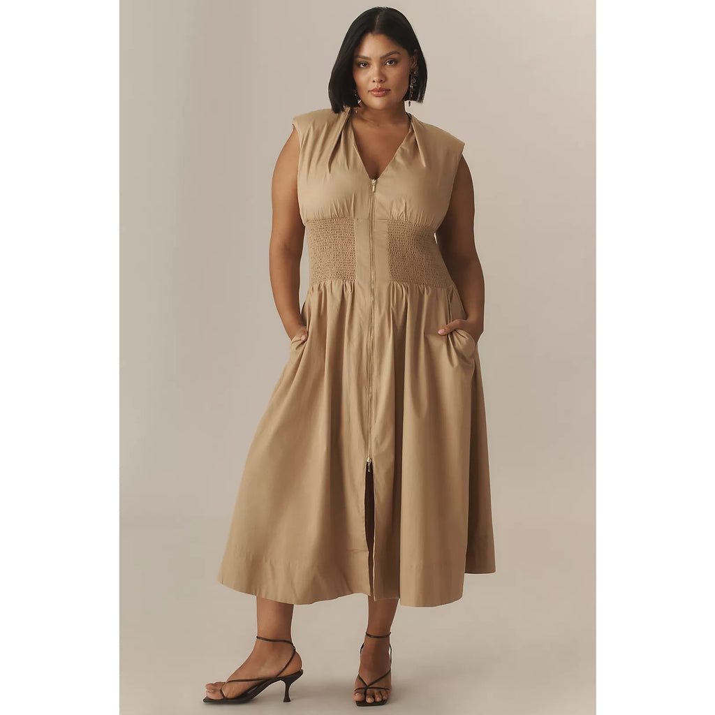 ANTHROPOLOGIE The Tommie Zip-Front Plunging Midi Dress PLUS 1X Neutral Anthropologie