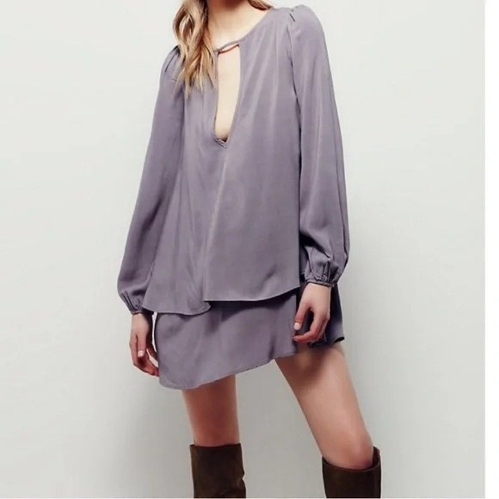 New Free People Made In Philadelphia Beck Long Sleeve Mini Dress $128 M Gray