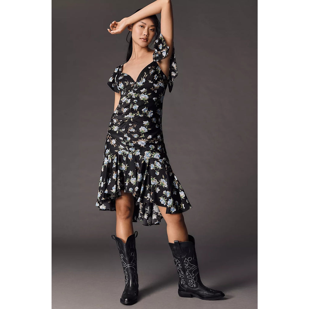 Anthropologie Sweetheart Ruched Drop-Waist Dress $188 SMALL Black Floral Anthropologie