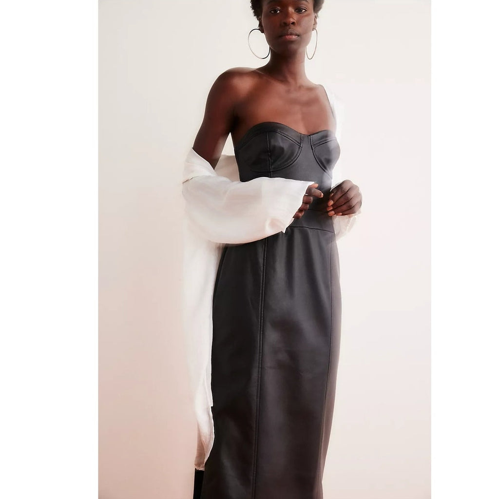 New Free People Mira Faux Leather Midi Dress $168 SIZE 10 Black Vegan Strapless