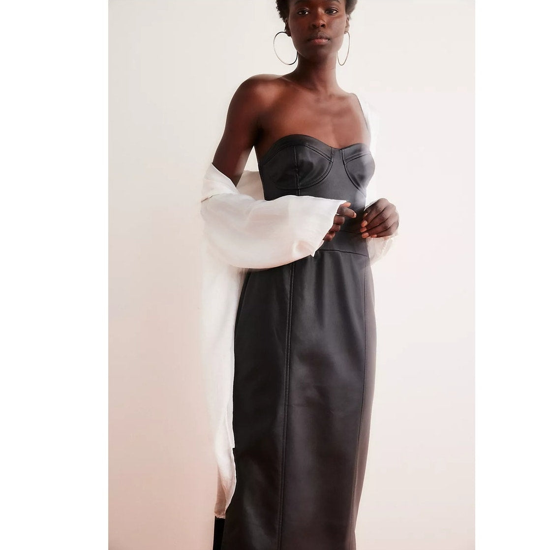 New Free People Mira Faux Leather Midi Dress $168 SIZE 10 Black Vegan Strapless